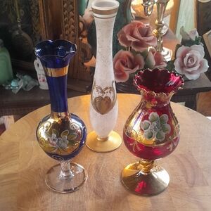 Elegant Glass Vase Set with Floral Design Bohemian Glass